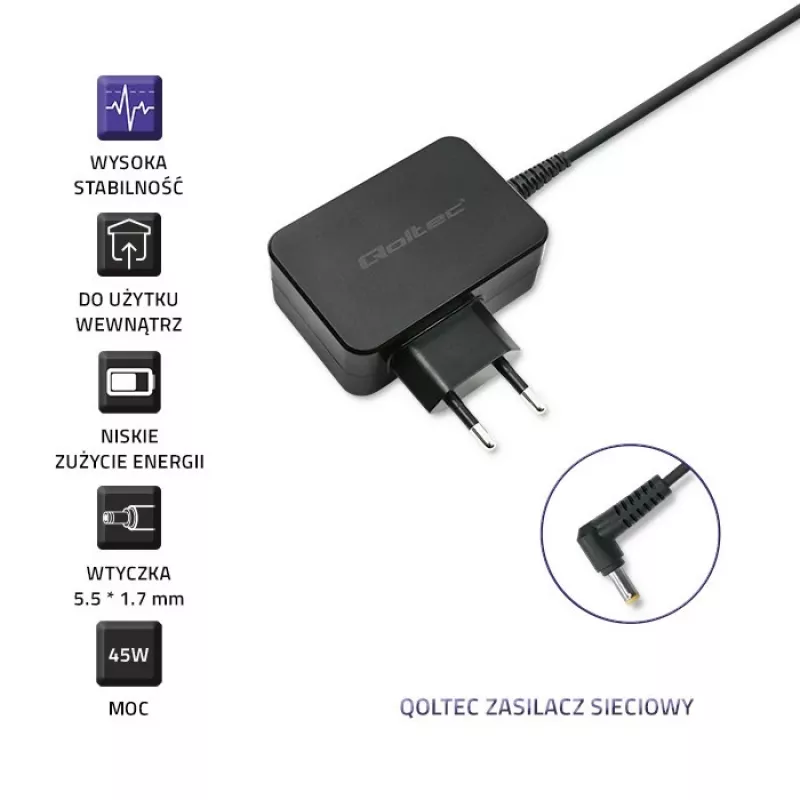 Fonte de alimentação QOLTEC 45W 19V 2,37A com ficha 5,5x1,7 mm