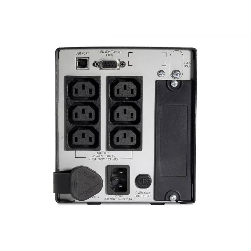 UPS APC Smart 750VA 230V USB com certificação UL, 0,75 kVA, 500 W, 50/60 Hz, 340 J, IEC 60320, 4,8 min.