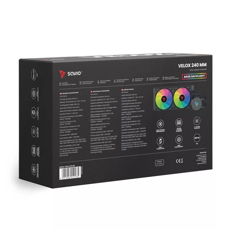 Conjunto de refrigeração líquida SAVIO VELOX 240 mm preto — radiador de 240 mm, 205×450 mm, 2 ventoinhas, TDP 250 W