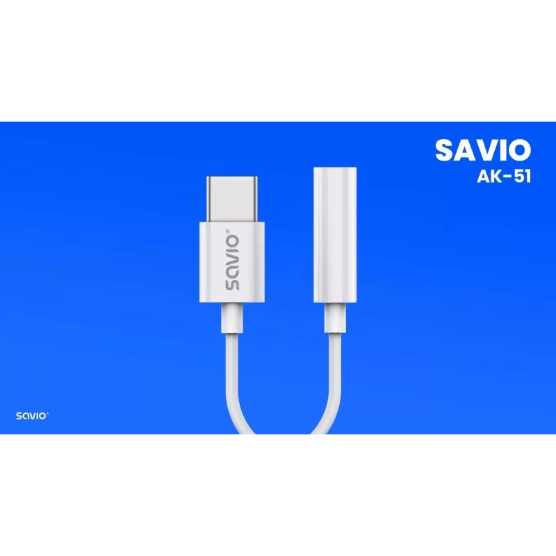 Adaptador de áudio USB Type 3.1 C (M) – Jack 3,5mm (F) branco SAVIO AK-51
