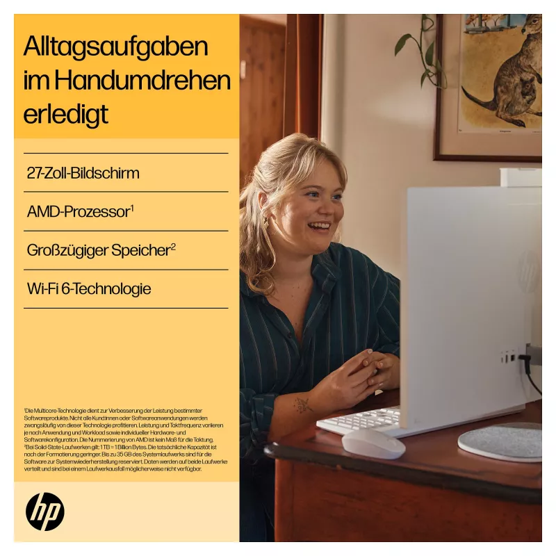 HP 27-cr0471ng - All-in-One (solução completa) - Ryzen 7 7730U - RAM 16 GB - SSD 512 GB - NVMe - Radeon Graphics - 1GbE, Wi-Fi 6, Bluetooth - WLAN: 802.11a/b/g/n/ac/ax, Bluetooth