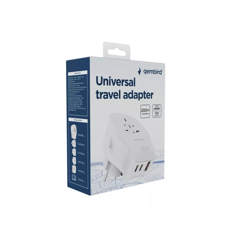 Adaptador de viagem de parede GEMBIRD TPA-1A2C20-02-W 20W — 1xUSB-A + 2xUSB-C, ficha tipo G, 100–250 V, branco