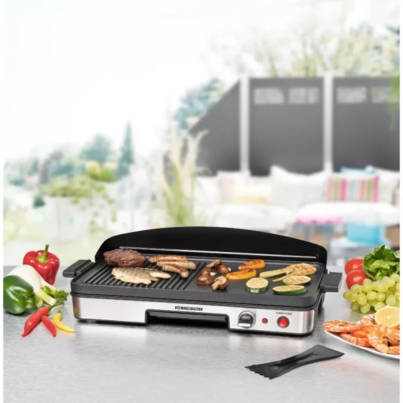 Grelhador de mesa elétrico Rommelsbacher BBQ 2003 — 1900 W, 50×25 cm, canelado + teppanyaki, termostato contínuo, prateado/preto