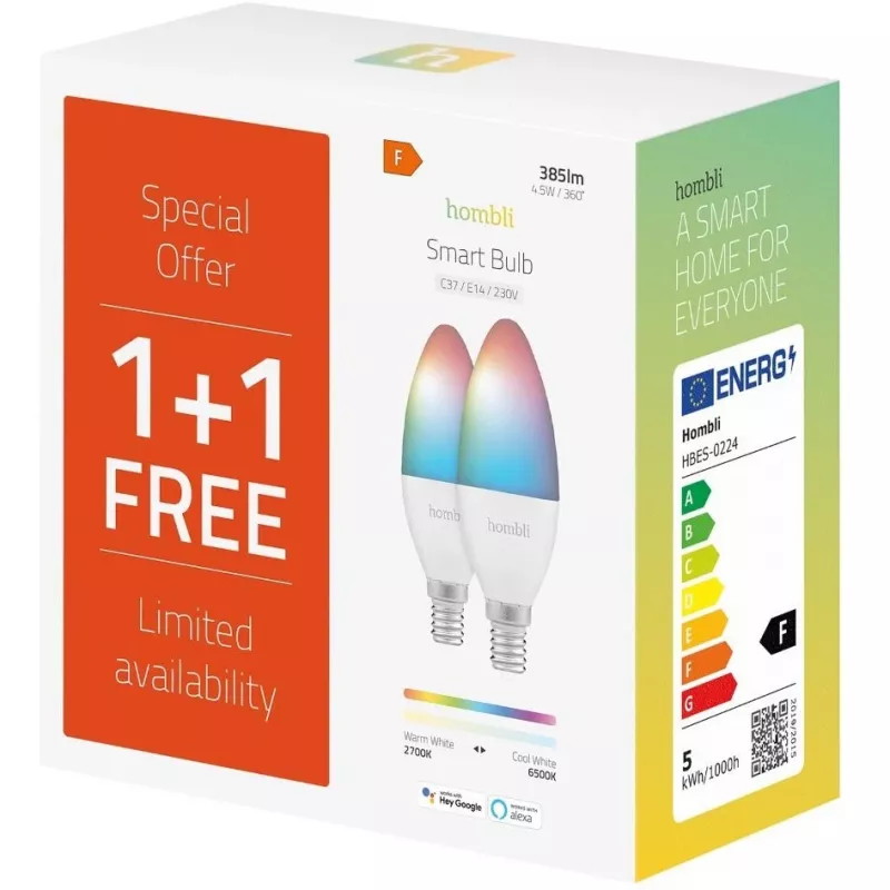 Lâmpada inteligente Hombli, 4,5W, E14, RGB, CCT, pack promocional 1+1