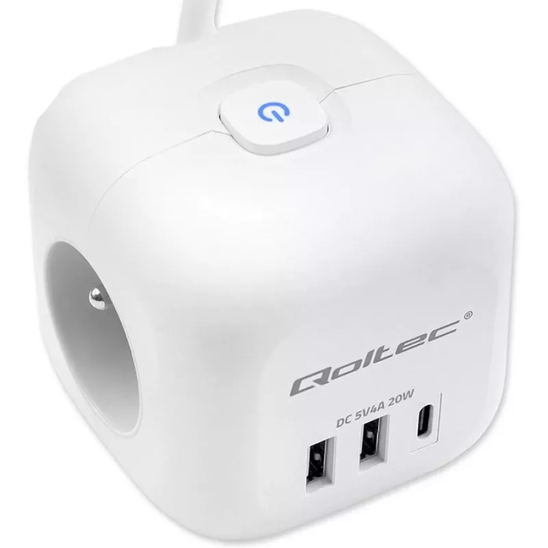 Power Cube QOLTEC 52547 Régua de tomadas 3×tomadas AC, 2×USB-A, 1×USB-C PD 20W