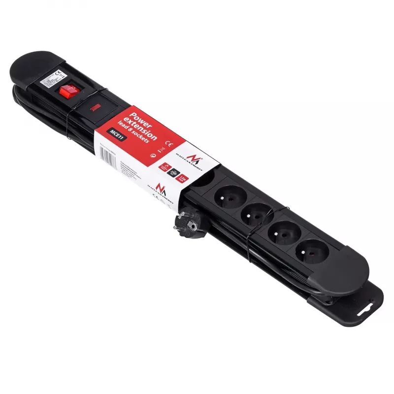 Extensão de energia MACLEAN MCE11 — 8 tomadas AC, cabo de 1.5 m, interior, preto, com interruptor on/off