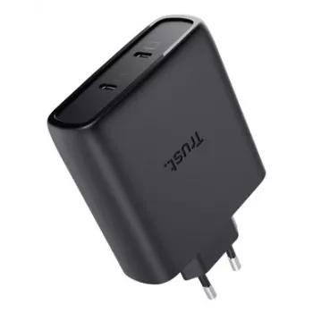 Carregador TRUST Maxo 100W 2 portas USB-C GaN — 100 W, 2× USB-C, máx. 20 V, cabo de 2 m, preto