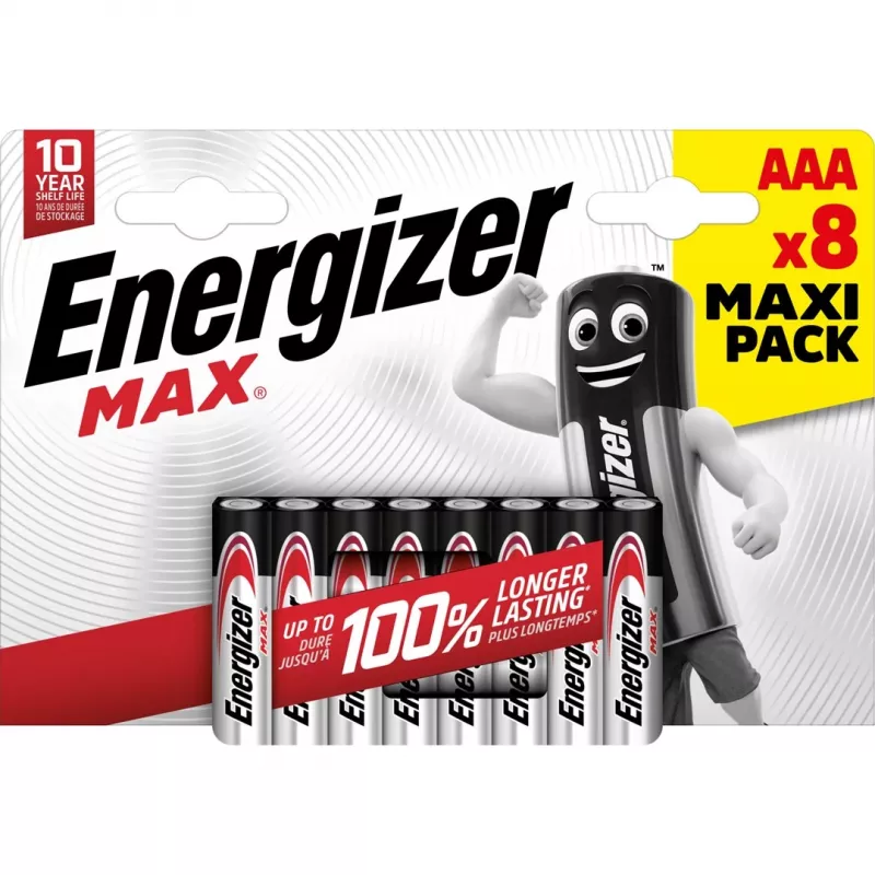 Pilha descartável Energizer MAX AAA alcalina 1,5 V – pack de 8, cilíndrica, 10 anos de validade