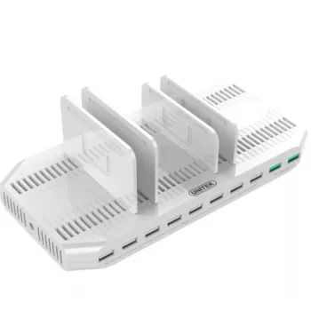 Estação de carregamento Unitek Y-2190A — 10 portas USB (8×USB2.0 + 2×USB3.2 Gen1), carregamento sem fios, 96 W potência total