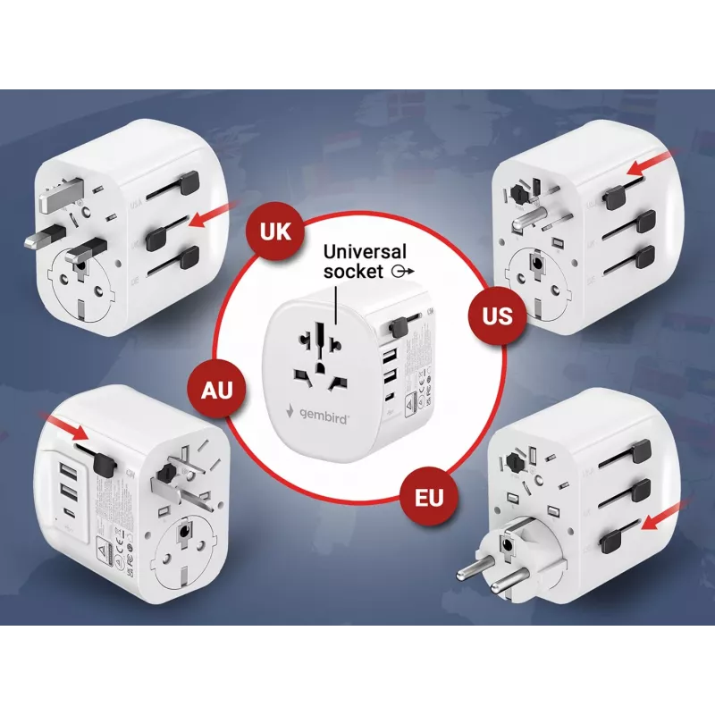 Adaptador de viagem GEMBIRD TPA-EU2A1C15-01-W – 15W, ficha Type-E, 2× USB-A + 1× USB-C, 100–250V