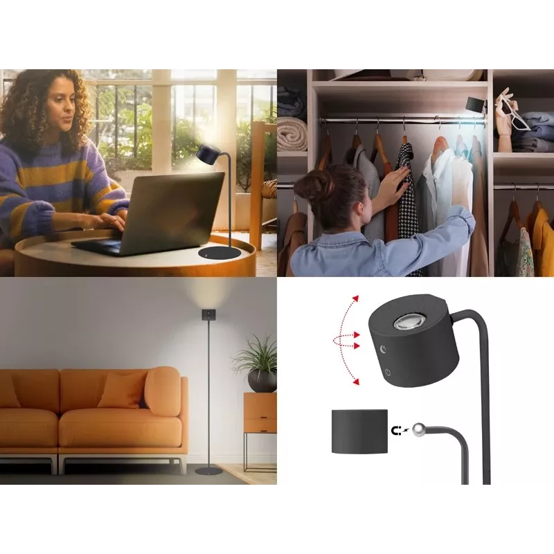 Beper P201UTP306 candeeiro LED recarregável de altura ajustável, de chão e para montagem na parede, 2,3 W, regulável, preto