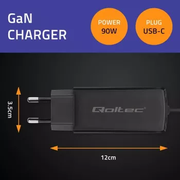Carregador GaN 90W QOLTEC 52420 USB-C PD 5–20V 3A/4,5A saída, 220–240V entrada, cabo 1,8 m, preto