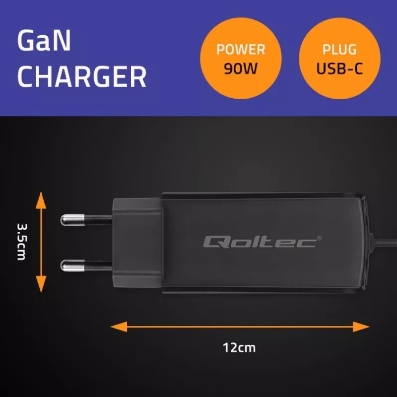 Carregador GaN 90W QOLTEC 52420 USB-C PD 5–20V 3A/4,5A saída, 220–240V entrada, cabo 1,8 m, preto