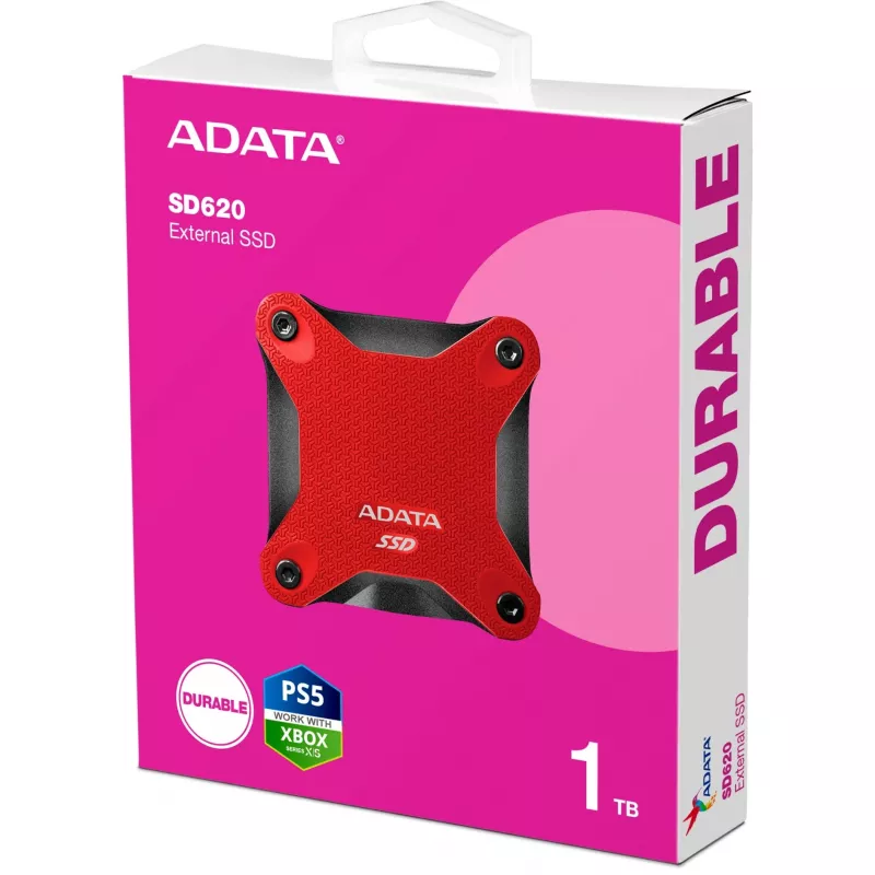 SSD externo ADATA SD620 1 TB, portátil USB 3.2 Gen 2 (Micro-USB B), velocidade de leitura 520 MB/s, velocidade de escrita 460 MB/s, resistente a choques, Vermelho