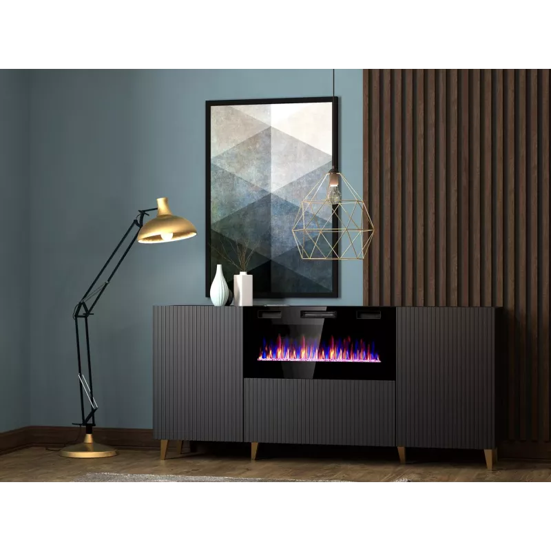 Cama Meble PAFOS cómoda com lareira elétrica 180x42x82 cm preto mate