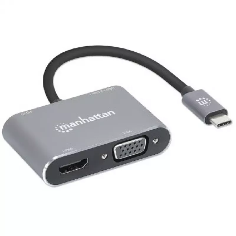 Docking station USB-C Manhattan, ligações (x4): HDMI, USB-A, USB-C e VGA, com Power Delivery (PD) 87W – carregador USB-C externo necessário (não incluído). Alimentado por USB (sem fonte de alimentação externa necessária) quando o PD não é utilizado, alumínio