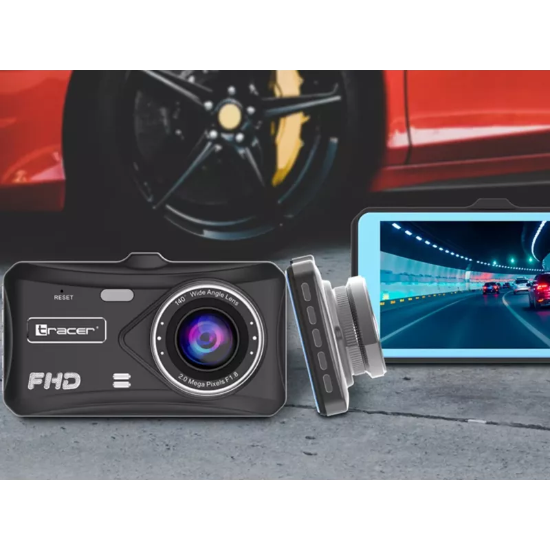 Dashcam TRACER 4TS Dashcam Full HD de canal duplo, câmara principal 2 MP, câmara interior 0,4 MP, ângulo 140°/60°, ecrã IPS 4 polegadas, bateria 150 mAh, caixa de alumínio, assistente de estacionamento