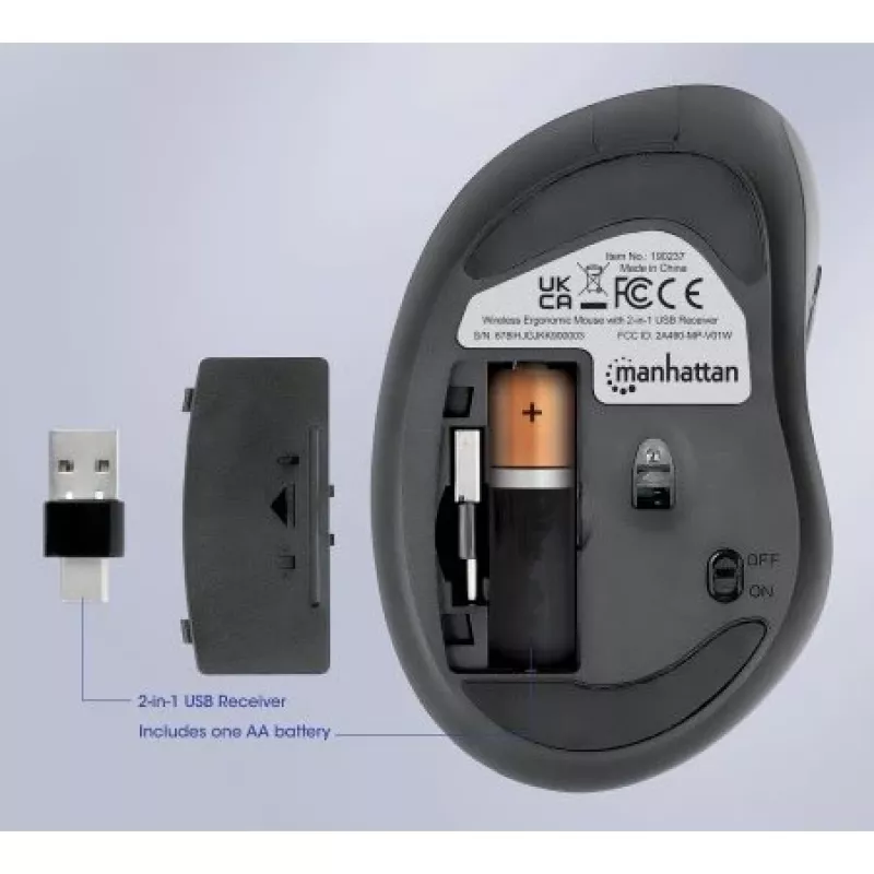 Manhattan Rato ergonómico sem fios, para destro, 800/1200/1600 dpi ajustáveis, 2,4 GHz (até 10 m), seis botões com roda de scroll, recetor combo USB-A e USB-C, preto, pilha AA (incluída), três anos de garantia