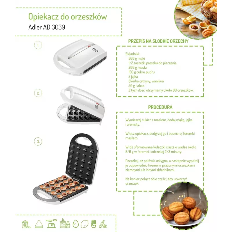 Máquina de waffles Adler AD 3039 — 24 waffles, 1600 W, branco, antiaderente, pegas frias ao toque