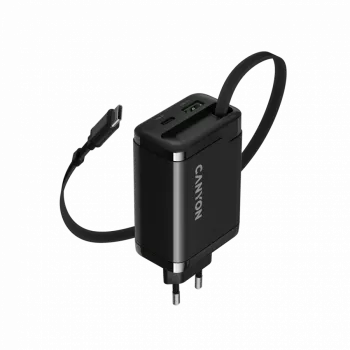 Carregador CANYON OnCharge 65RC com cabo USB-C integrado, 65 W, 1x PD, 1x QC, ficha EU, preto
