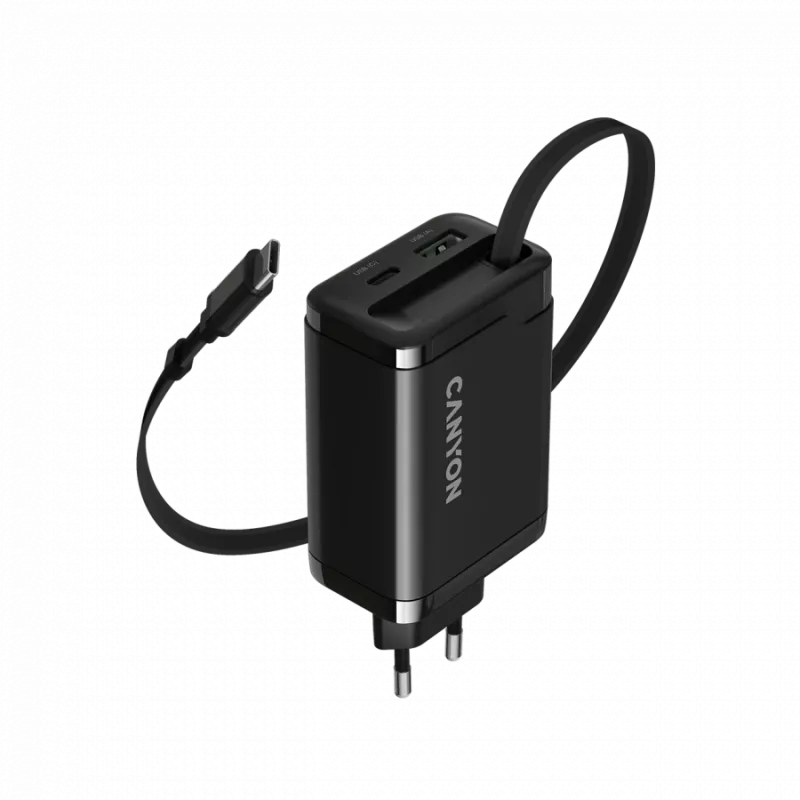 Carregador CANYON OnCharge 65RC com cabo USB-C integrado, 65 W, 1x PD, 1x QC, ficha EU, preto