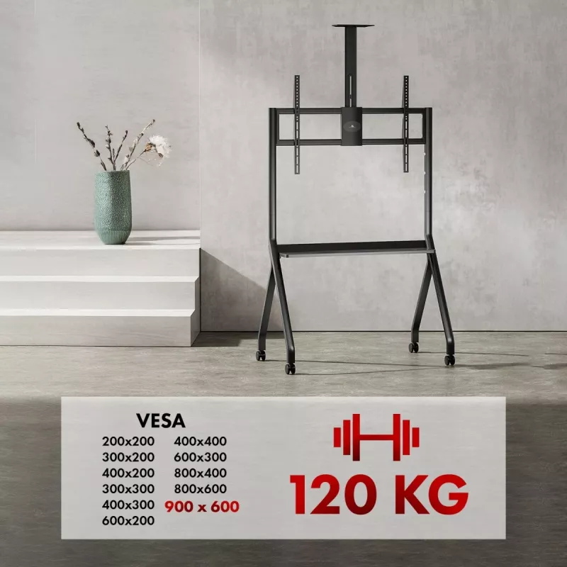 Suporte de TV MACLEAN MC-114 B suporte de chão portátil para ecrãs de 55–100 polegadas, carga máx. 120 kg, VESA 200x200–900x600, altura 115–152 cm, preto, prateleira