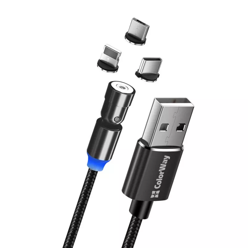 Cabo de carregamento 3-em-1 ColorWay CW-CBUU037-BK — Lightning, Micro-USB, USB-C, 1 m, 2,4 A