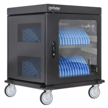 Carrinho/armário de carregamento para portáteis Manhattan com adaptador AC (UE) 32 compartimentos, instale o adaptador AC (cabo de alimentação) do dispositivo no dispositivo, adequado para TODOS os portáteis (até 15,6 polegadas), iPads, MacBooks, Chromebooks, outros dispositivos USB-C, compartimentos 380 x 30 x 280 mm, armário, com fecho