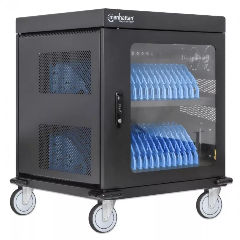 Carrinho/armário de carregamento para portáteis Manhattan com adaptador AC (UE) 32 compartimentos, instale o adaptador AC (cabo de alimentação) do dispositivo no dispositivo, adequado para TODOS os portáteis (até 15,6 polegadas), iPads, MacBooks, Chromebooks, outros dispositivos USB-C, compartimentos 380 x 30 x 280 mm, armário, com fecho