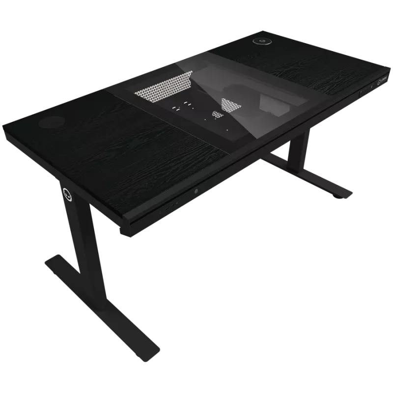 Secretária gaming de altura ajustável sentado/em pé com motor duplo, caixa de PC integrada, carregador sem fios, iluminação RGB, painel de controlo e portas USB, tampo em melamina PB, preto