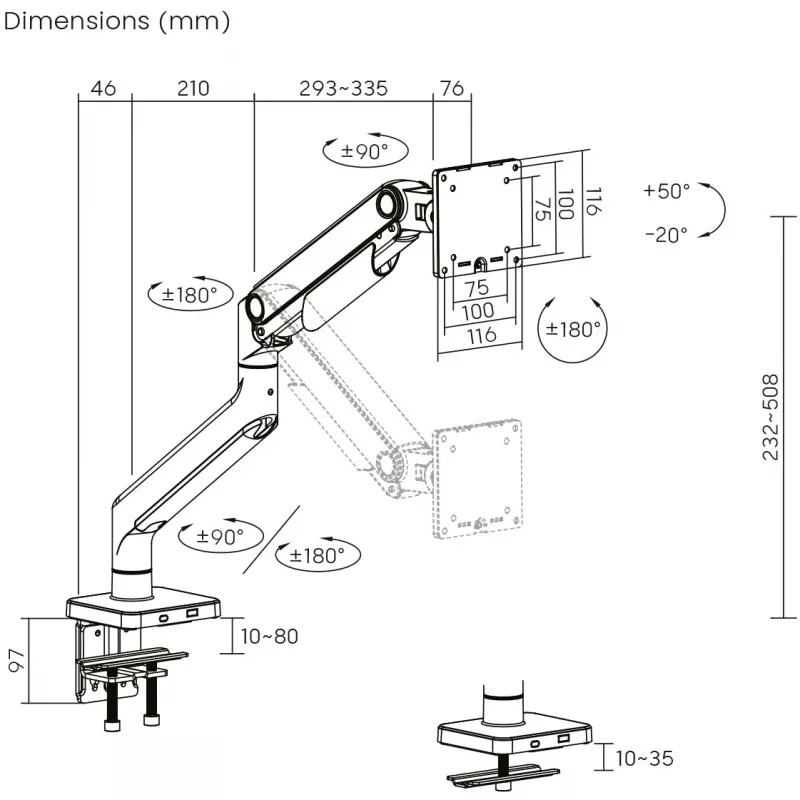 Suporte de monitor DIGITUS Single, fixação por aperto, para até 49