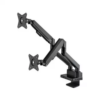 Suporte de secretária duplo Manhattan para TV e monitores (Full Motion mola a gás) com dock integrado, para ecrãs até 27 polegadas, ligações (x7): Ethernet, HDMI (x2), USB-A (x3) e USB-C, Power Delivery (100 W) para a ligação USB-C (requer fonte de alimentação/cabo USB-C separado), VESA: 75x75 e 100x100 mm
