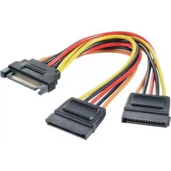 Adaptador de alimentação em Y Renkforce 1× ficha de alimentação SATA de 15 pinos para 2× conetores fêmea de alimentação SATA de 15 pinos, 0,15 m, preto/vermelho/amarelo