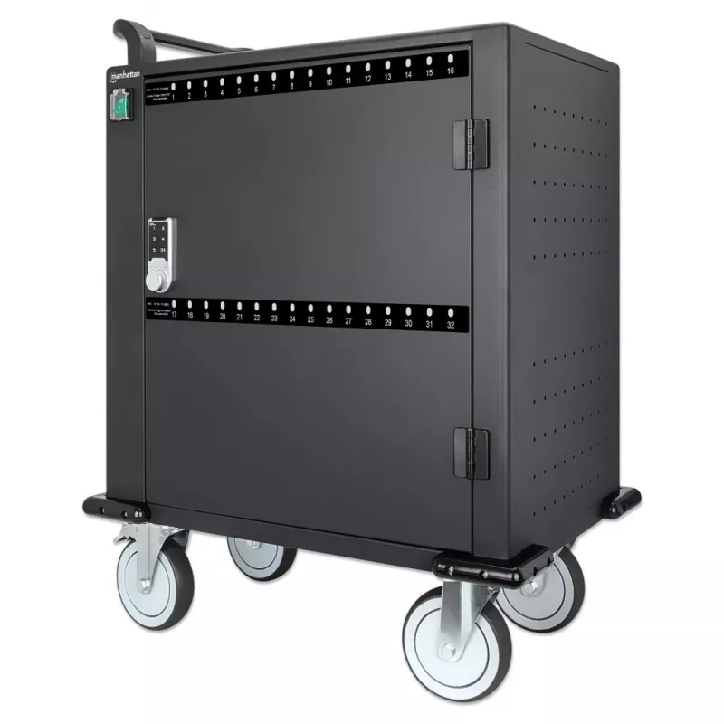 Carrinho de carregamento/trolley Manhattan 32 vias via USB-C para iPad até 13 polegadas, MacBook Air até 13 polegadas e Chromebook até 14 polegadas, também outros tablets/smartphones (com cabo dispositivo-para-USB-C), compartimentos 330x22x235 mm, cabo de carregamento do dispositivo não incluído (recomendado cabo USB-C 35