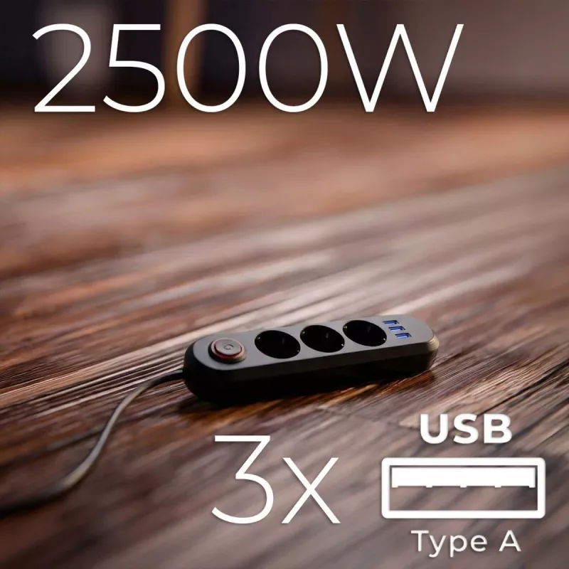 Régua de tomadas MACLEAN MCE394 B — 3 tomadas + 3×USB A, 110–240V, 2,1A USB, 2500W, cabo 1,5 m, preto