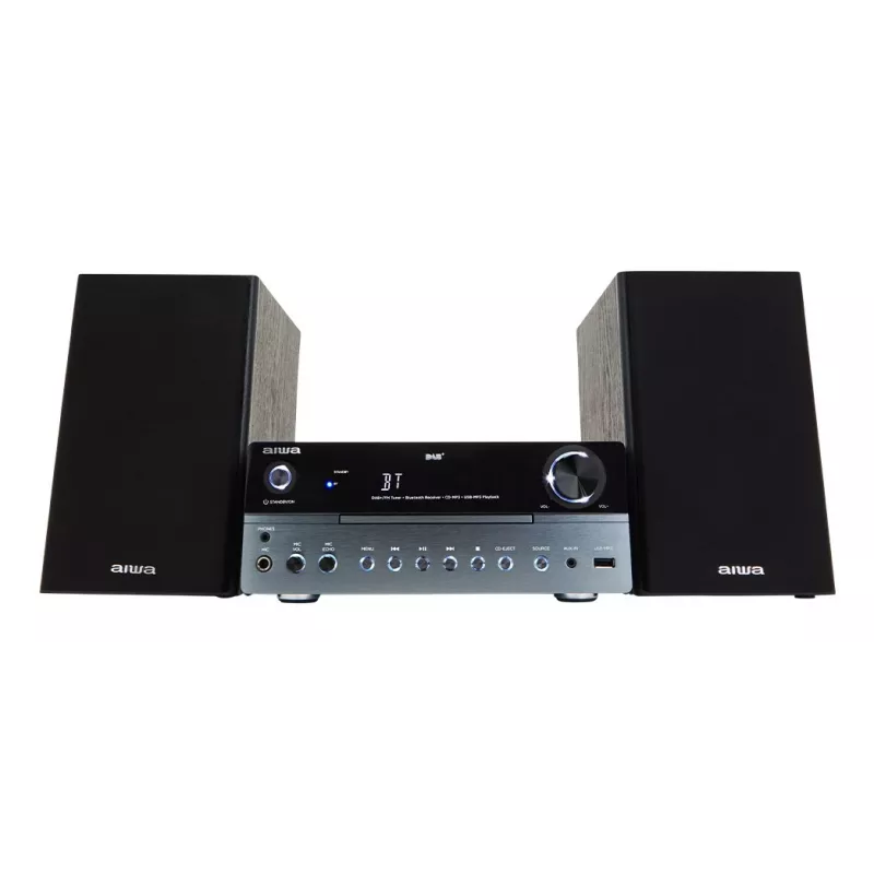 Micro-sistema de áudio doméstico Aiwa MSBTU-700DAB — 25 W RMS, DAB+/FM, Bluetooth 10 m, gaveta para CD, visor LED, preto/azul ártico
