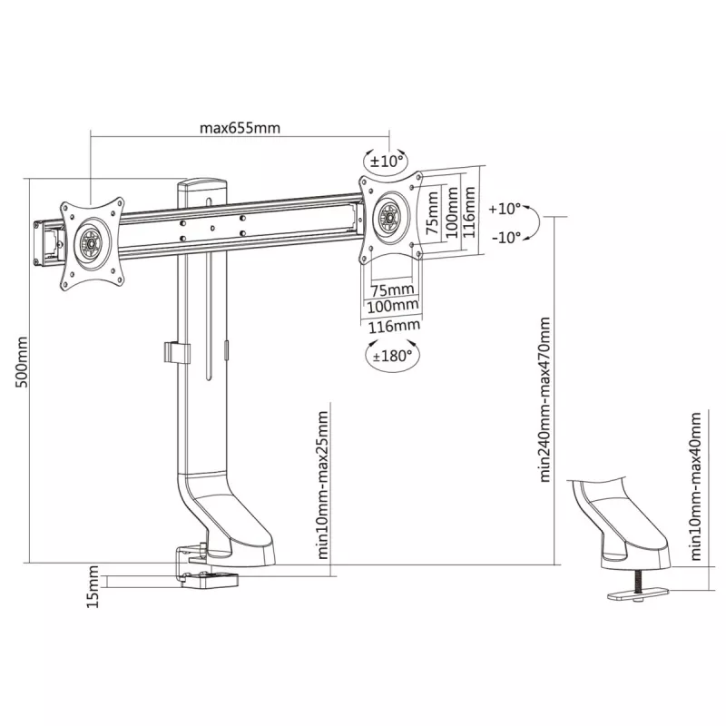 Suporte de monitor MACLEAN MC-854 para dois monitores 17–27 polegadas VESA 75x75 / 100x100, suporte de secretária de braço duplo