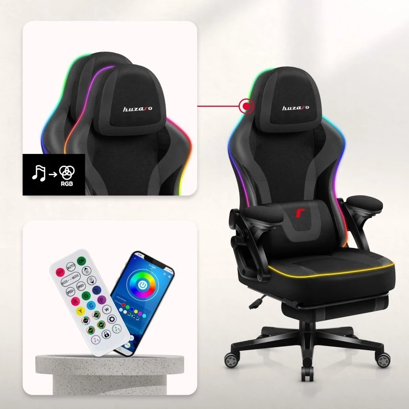 Cadeira gaming huzaro HZ-FORCE 4.6 RGB preto Mesh — ergonómica, altura ajustável, iluminação RGB, assento em tecido, máx. 130 kg