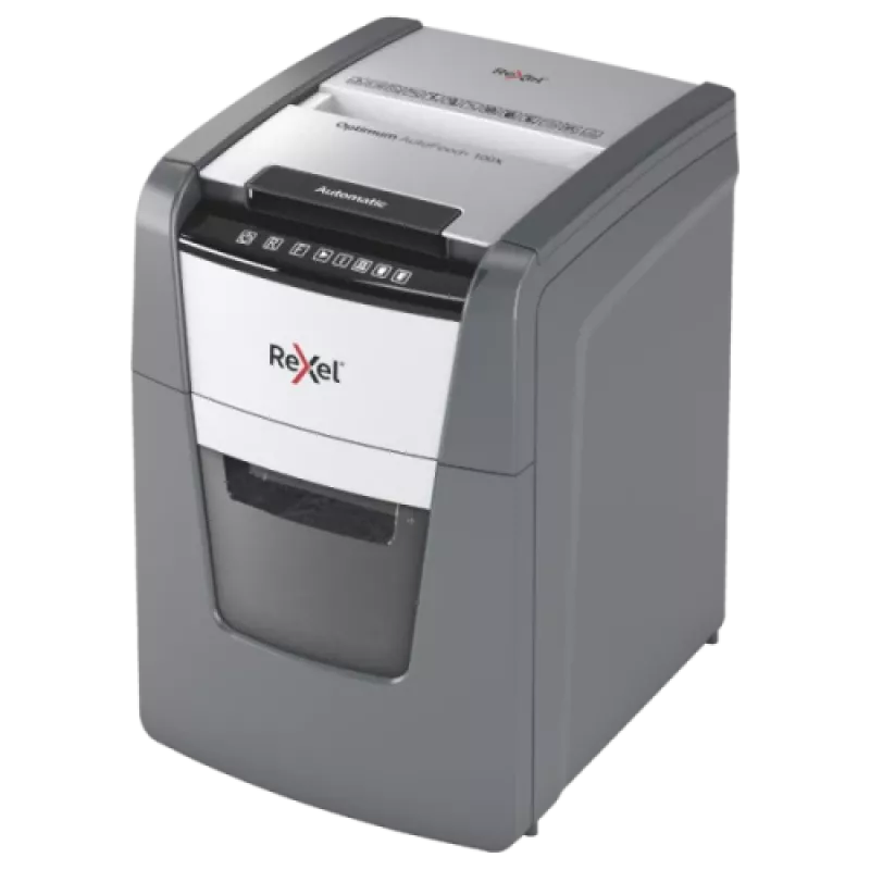 Rexel Optimum AutoFeed+ 100X trituradora de papel, corte em partículas P-4 4x28 mm, 100 folhas, cesto de 34 L