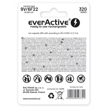 Pilha recarregável everActive EVHRL22-320 9V NiMH prismática 8,4V, 55 g, 48,5 mm