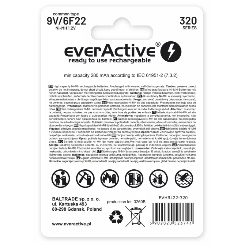 Pilha recarregável everActive EVHRL22-320 9V NiMH prismática 8,4V, 55 g, 48,5 mm