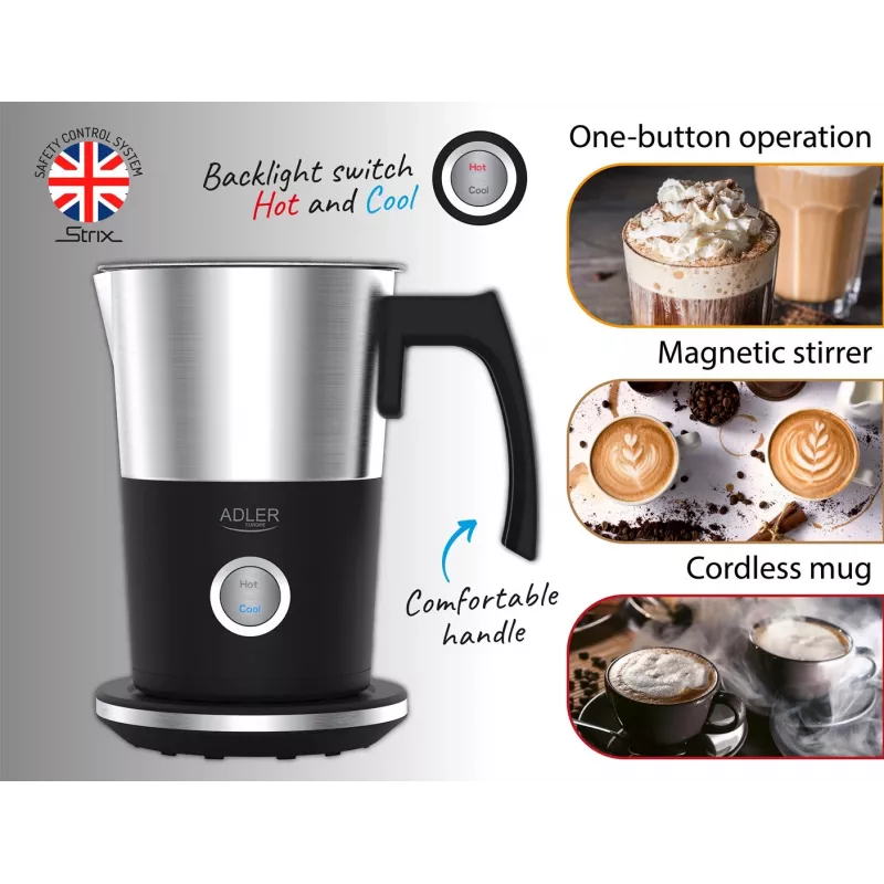 Espumador de leite automático Adler AD 4497 – aço inoxidável, 600W, 120 ml espuma / 300 ml aquecimento, quente e frio