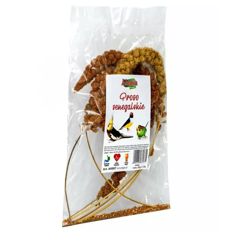 Guloseima para aves e roedores Alegia mistura de milho-miúdo do Senegal, sabor a cereais, saco de 80 g