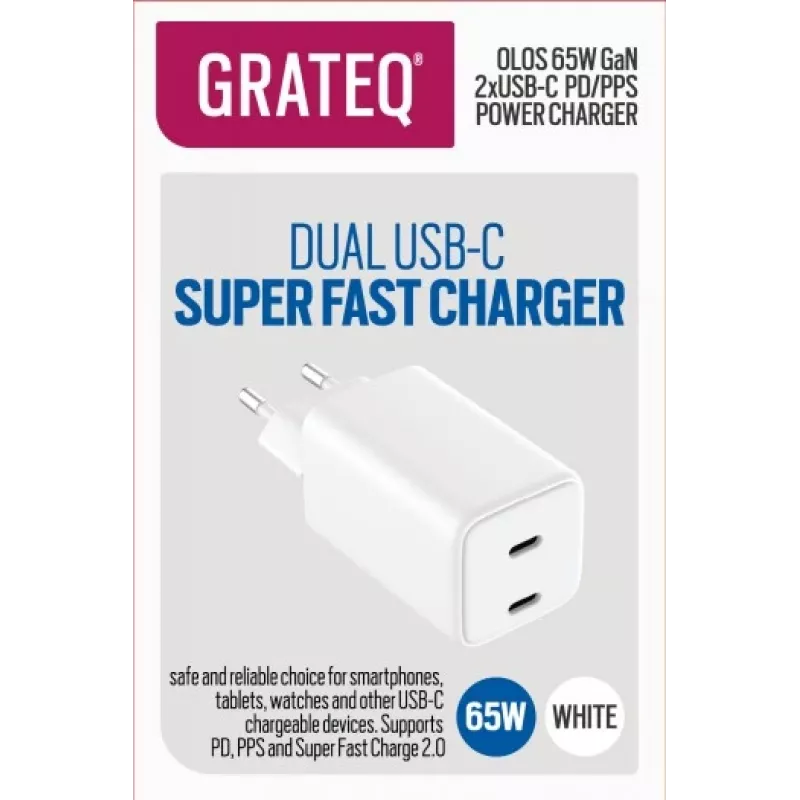 GRATEQ OLOS carregador de parede PD/PPS, 2x USB-C, GaN, 65 W