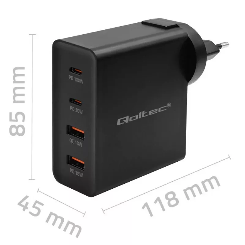 Carregador Qoltec GaN POWER PRO | 2xUSB-C | 2xUSB | 130W | 5-20V | 1.5-5A | XP | preto