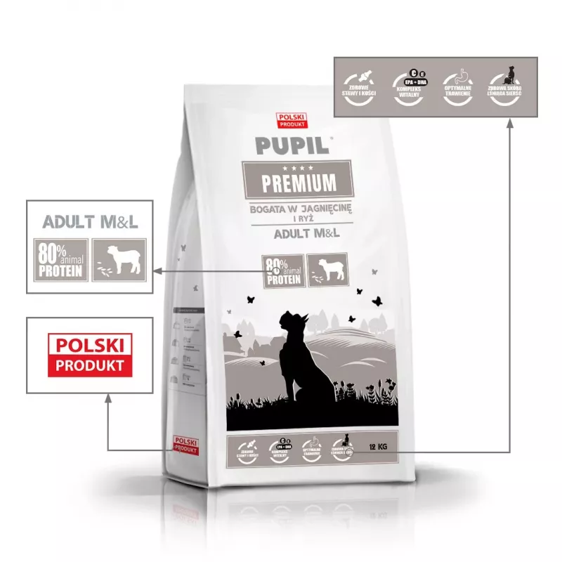 PUPIL Premium Raças médias e grandes Rico em cordeiro e arroz - Alimento seco - 12 kg