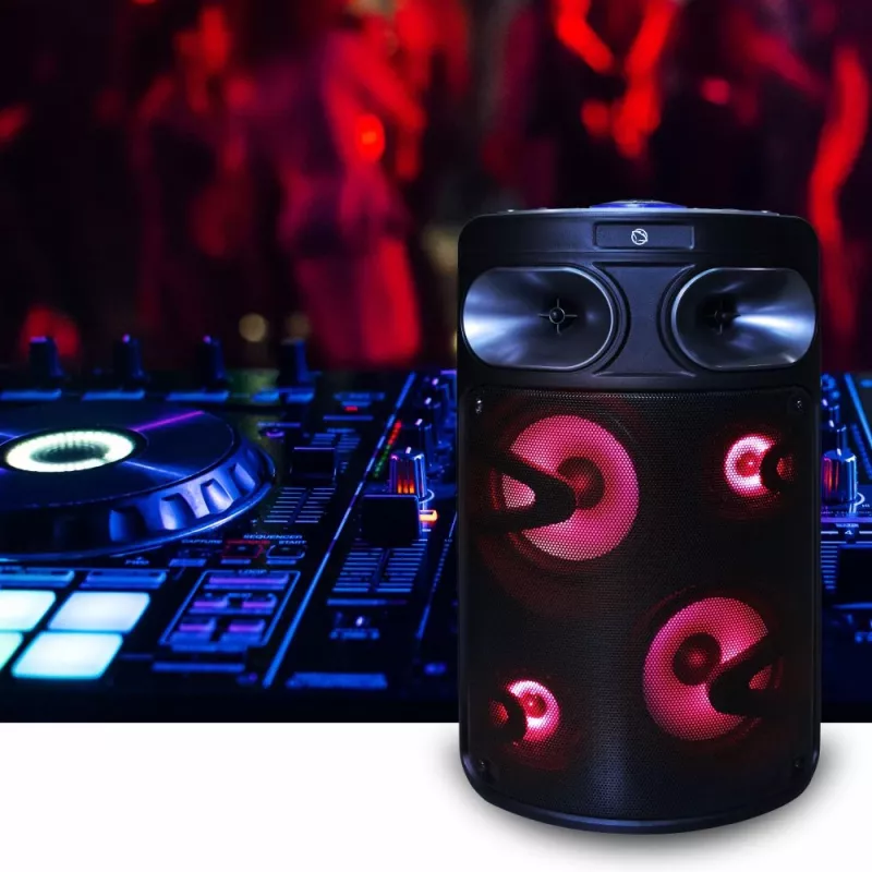 Altifalante de karaoke Bluetooth portátil MANTA SPK0803B140 140W, a pilhas, MIC/USB/microSD, FM, equalizador, rodas