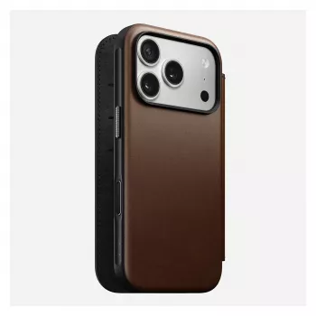 Capa de pele tipo carteira para telemóvel Nomad Modern Leather Folio para iPhone 17 Pro – castanha, compatível com 6,3 polegadas (16 cm), 4 compartimentos para cartões
