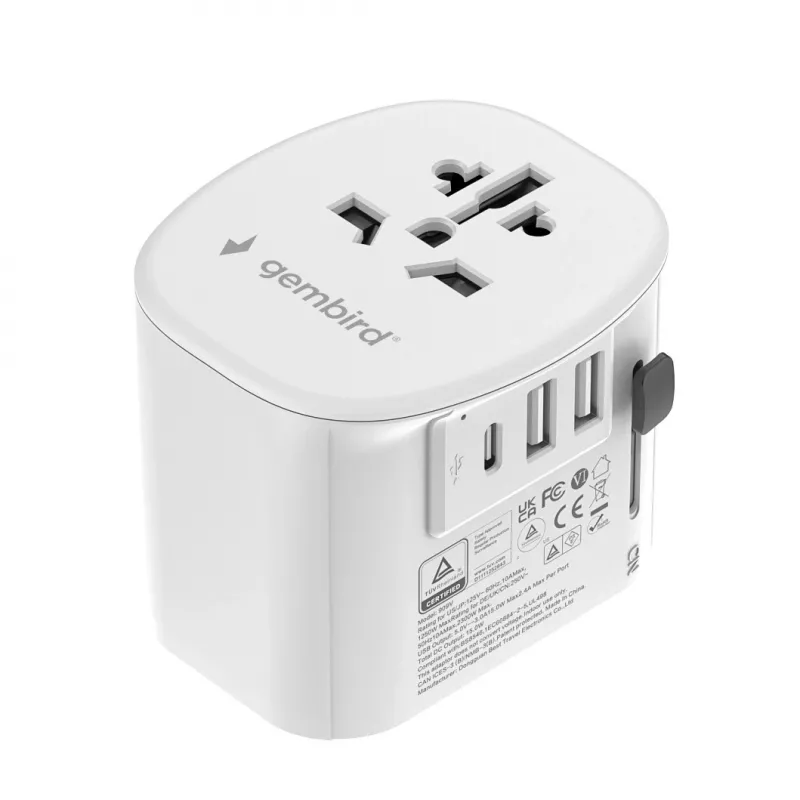 Adaptador de viagem GEMBIRD TPA-EU2A1C15-01-W – 15W, ficha Type-E, 2× USB-A + 1× USB-C, 100–250V