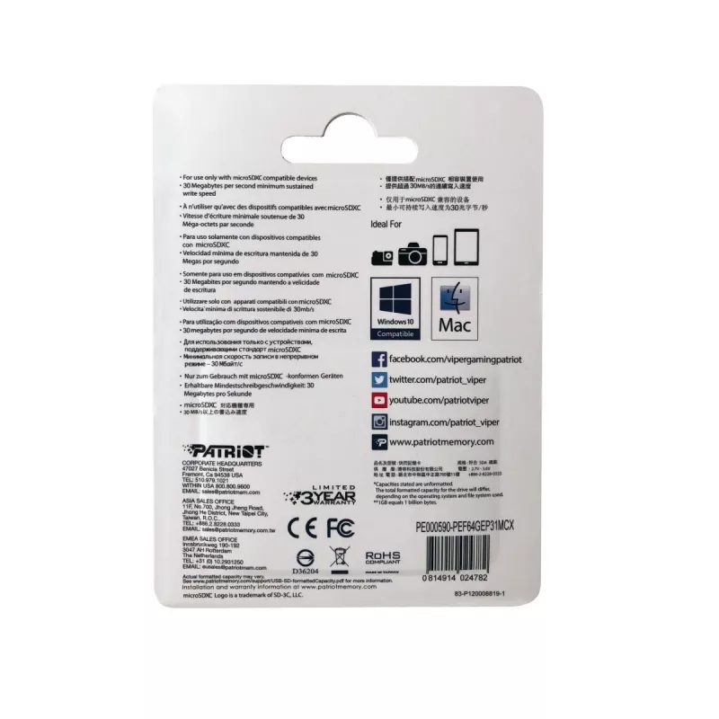 Cartão de memória Patriot Memory PEF64GEP31MCX 64 GB MicroSDXC Class 10